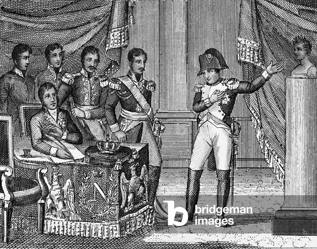 Napoleon I abdicating on the 22nd June 1815 and declaring his son Napoleon II as Emperor (engraving)