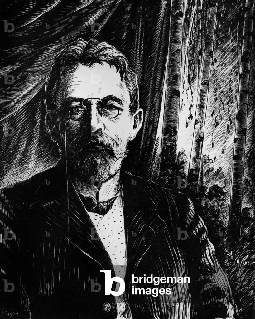 Anton Tchekhov (1860-1904) russian writer, wood engraving