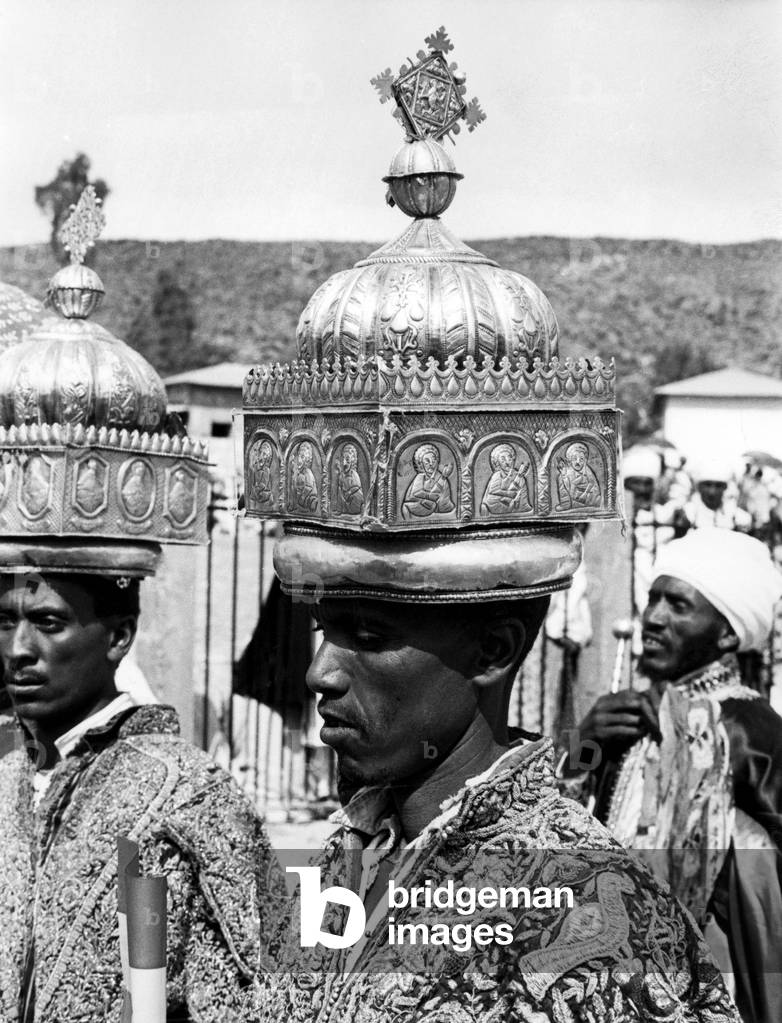 Coptic priest at Axum during Visit of Queen ElizabethII in Ethiopia February 9, 1965 religion