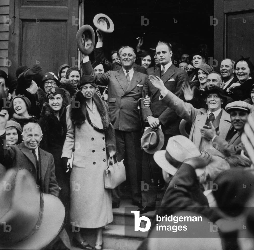 Franklin Delano Roosevelt (with his wife Eleanor) candidate for democrat party, during political meeting during the Presidential campaign in 1932
