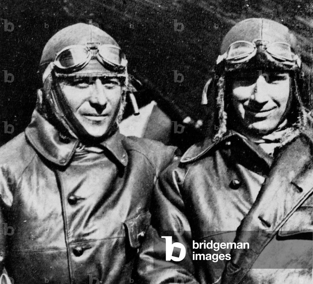 French aviators Dieudonne Coste (1892-1973) and Robert Thiery (1895-1925) probably in 1925 before the raidParis-Bagdad (accident near Fribourg, death of Thiery)