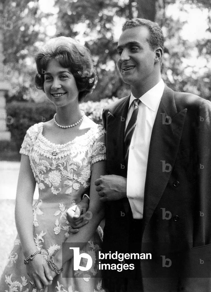 Juan Carlos of Spain ( arm injured after horse-riding fall in Greec when he met Sophia's parents) here with his future wife Sophia of Greece April 27, 1962