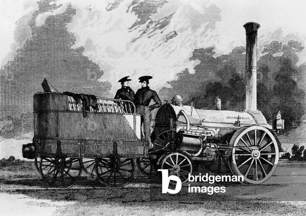 The Northumbrian, steam engine by Robert Stephenson for line Liverpool Manchester in 1831, engraving