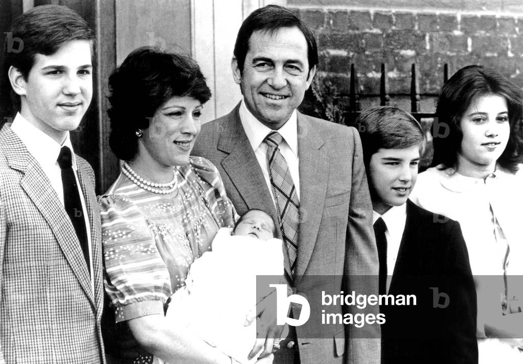 Former King  Constantin II of Greece with his wife former Queen Anne Marie with their new-born baby Theodora (9 days) and their other children Paul, Nicholas and Alexia June 21, 1983