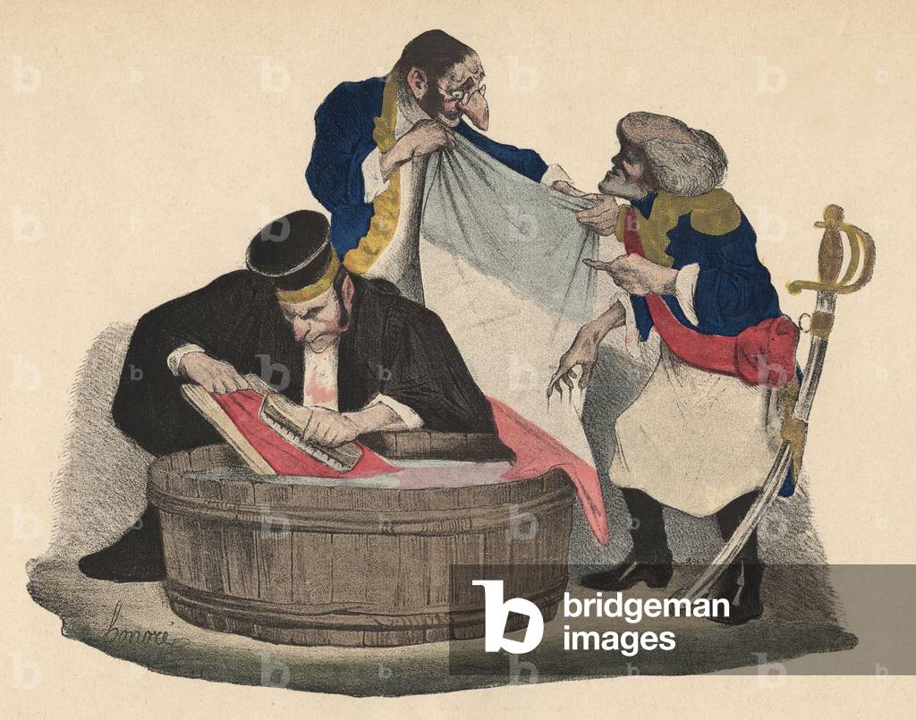 Launderers: this lithograph presents the public prosecutor, Persil, police chief Gisquet and General Soult, all three enemies of the republican movements. They are working here to remove blue and red from the tricoloure flag, to keep only the white of the monarchy. Justice appears through the prosecutor as the executante of political drawings, engraving