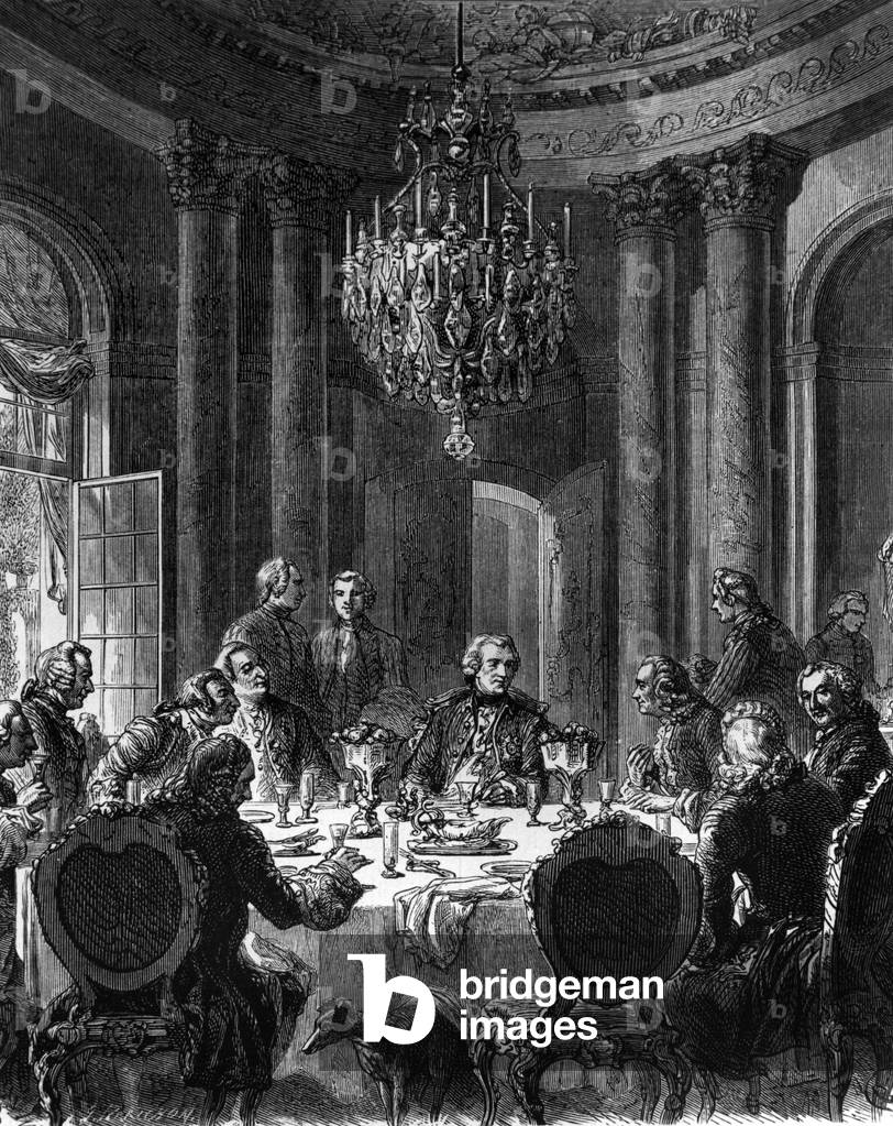 Frederick II (1712-1786) King  of Prussia here with Voltaire at the round table at Sans Souci palace around 1740, engraving