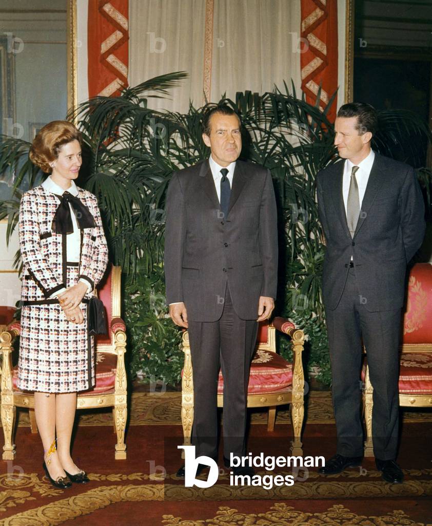 American President Richard Nixon at Royal Palace in Brussels with King  Baudouin 1st and Queen Fabiola February 24, 1969