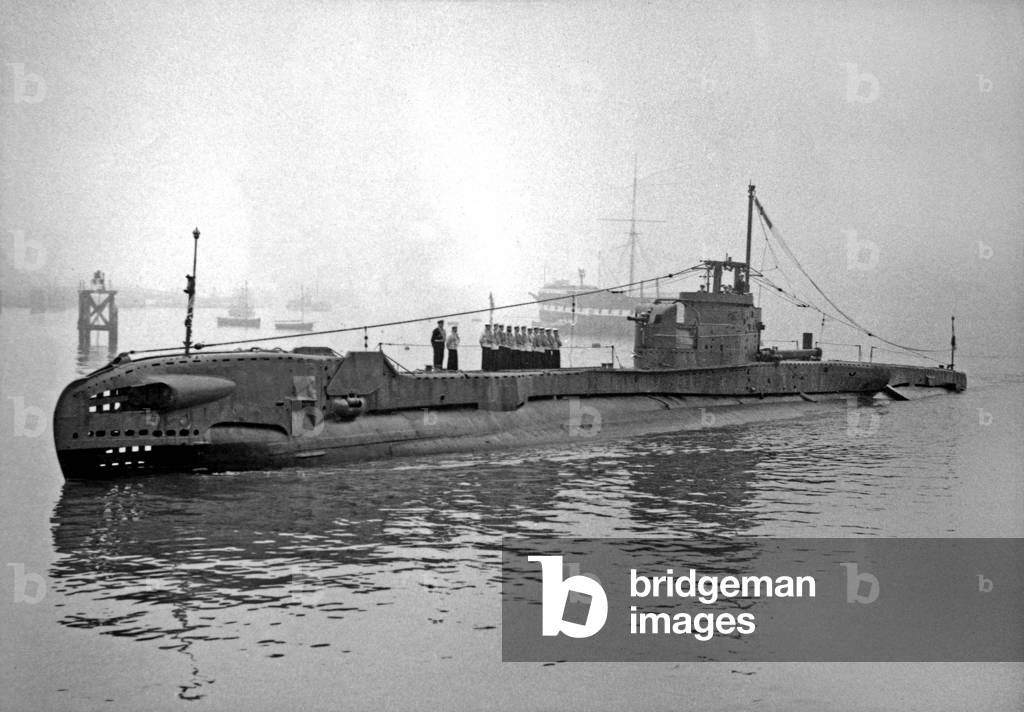 The submarine HMS Tactician arrivin at Gosport, submarine base in England, after 6 years in Australia, March 28, 1956