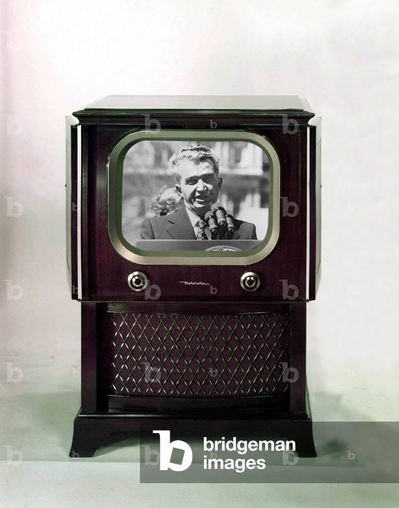 photomontage showing Romanian President Nicolae Ceaucescu at television (Motorola TV) during a speech in Washington on April 19, 1978