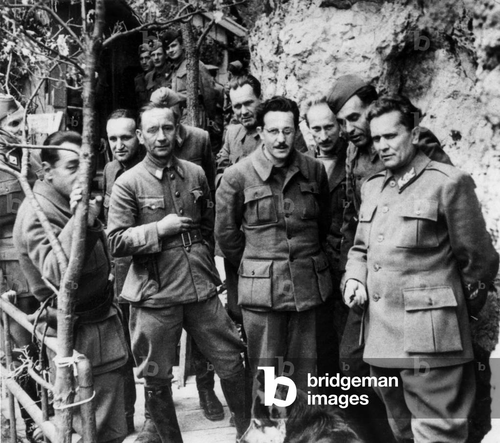 Josip Broz dit Tito General secretary of yugoslavian communist party and leader of resistance against German occupying forces here, far right, with fellow partisans in a Yugoslavian mountain retreat during ww2 in 1944