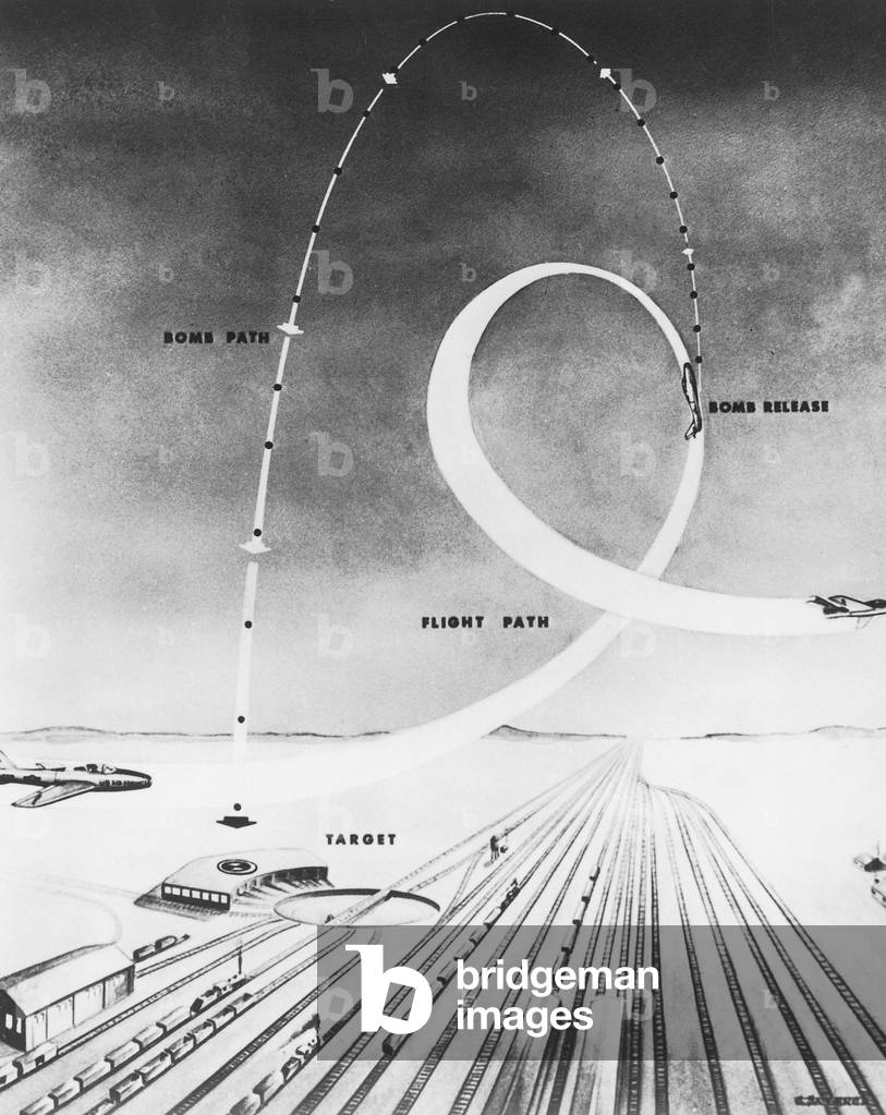 Maquette du trajet que doit effectuer un avion (americain) pour le largage d'une bombe atomique nucleaire Sketch of the flight that should be done by an (American) plane for the dropping of an atomic nuclear bomb