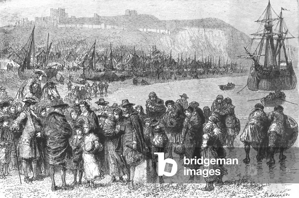 Religious wars between catholics and protestants after the revocation of the Edict of Nantes in 1685 in France : French protestant emigrants in Douvres, engraving
