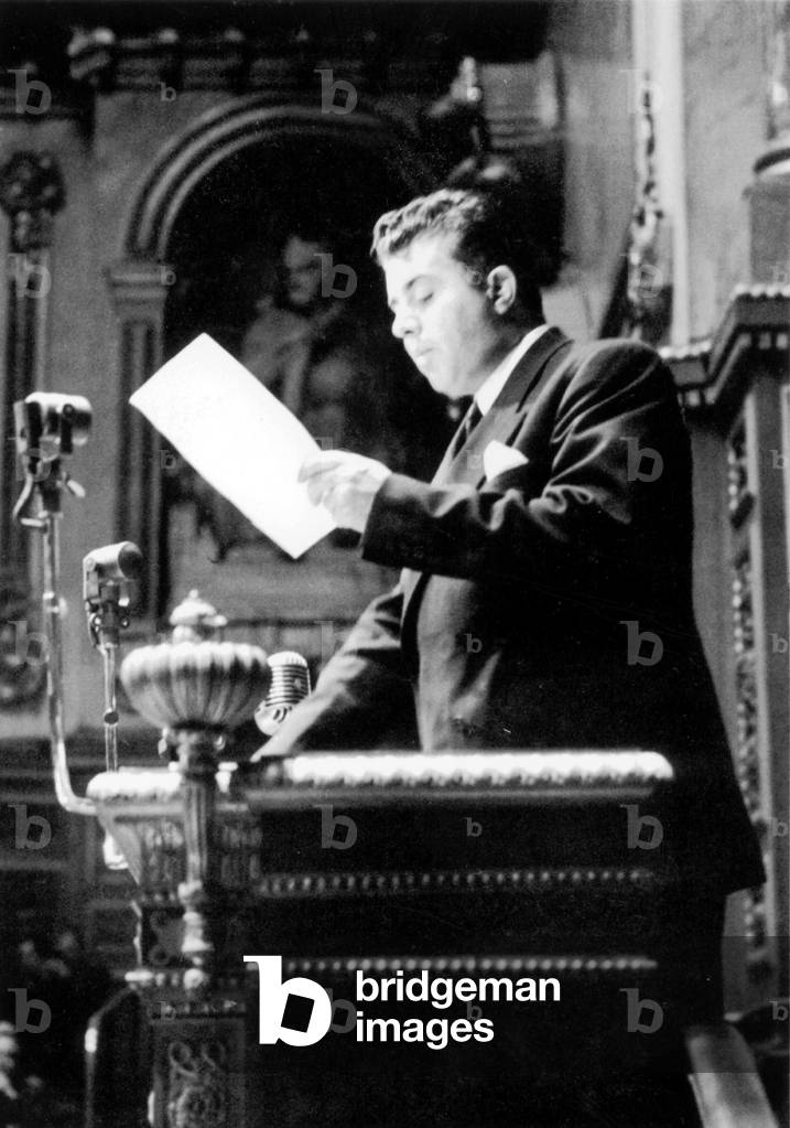 Speech of Enver Hoxha or Hodja (1908-1985) both albanian Prime Minister and minister of foreign affairs, and first secretary of the Party of Labour's Central Committee (he was the first communist chief of state of Albania), here in 1946