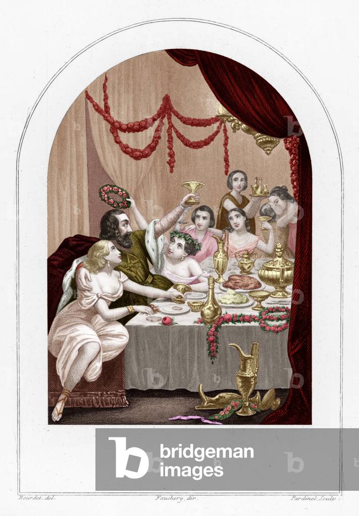 POPE ALEXANDER VI (Roderigo Borgia) To celebrate his daughter Lucrezia's marriage, he invites 50 courtesans to dine at vatican, engraving