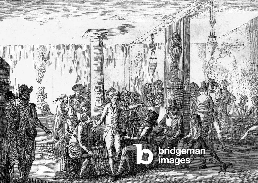 People in Cafe du Caveau in Paris in August 1789 during French Revolution, engraving