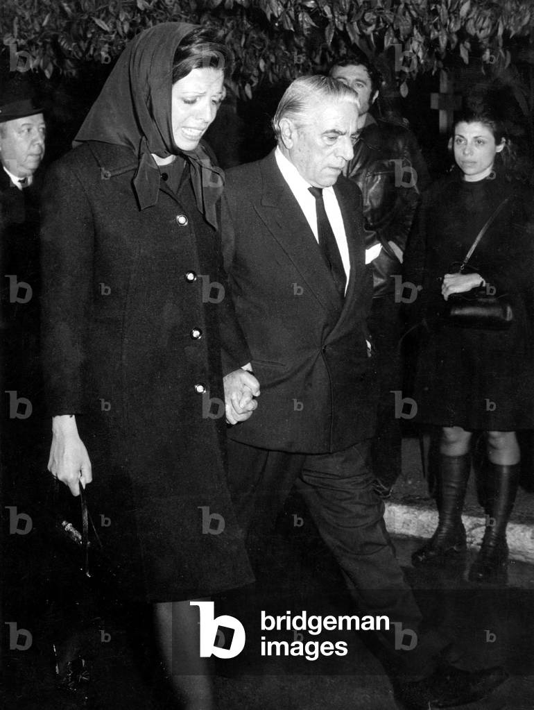 Aristotle Onassis with his daughter Christina at funeral of Alexandre on January 29, 1973