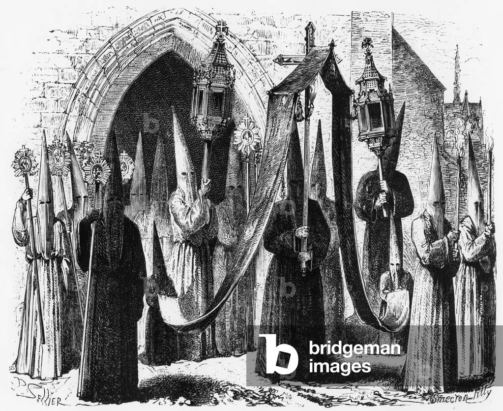 Procession of penitents in Limoges, France, 13-14th century, 1876 (engraving)