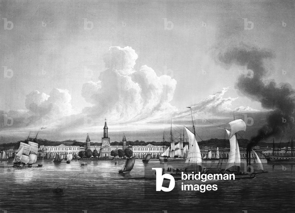 Sailboats on Mississipi river at New Orleans, engraving, 19th century