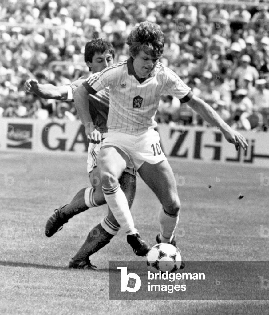 Football World Cup 1982 in Spain : France team vs Czechoslovakia team , here French Alain Giresse and czech Tomas Kriz, June 1982