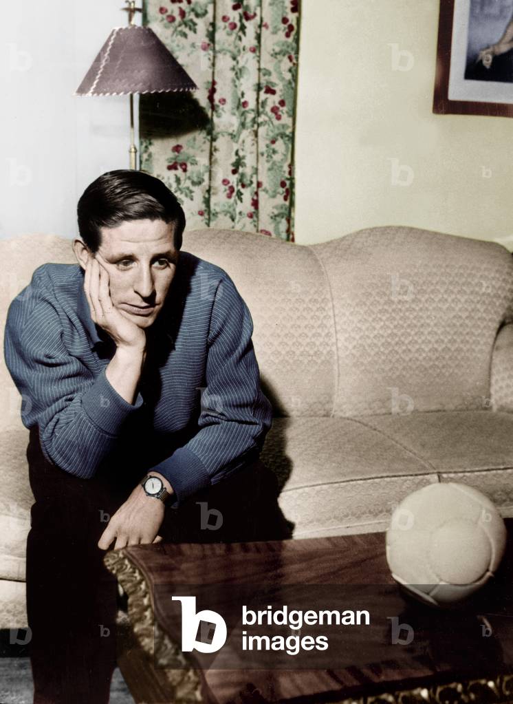 Raymond Kopa, leader of France football team in the 50's, and first French player who won european football cup with Real of Madrid, here in Madrid December 1957 colourized document