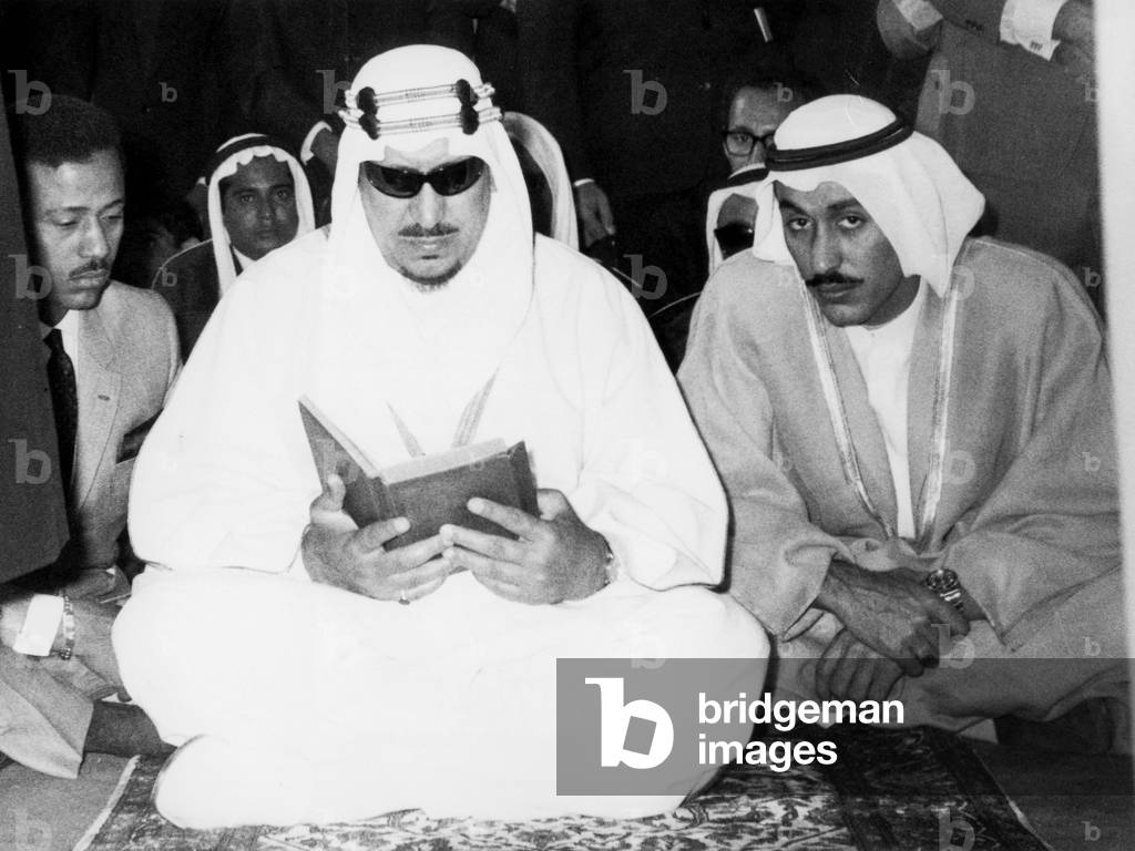 Saoud Ben Abdul Aziz (1902-1969) former King  of Saudi Arabia here praying at the mosque on October 25, 1965