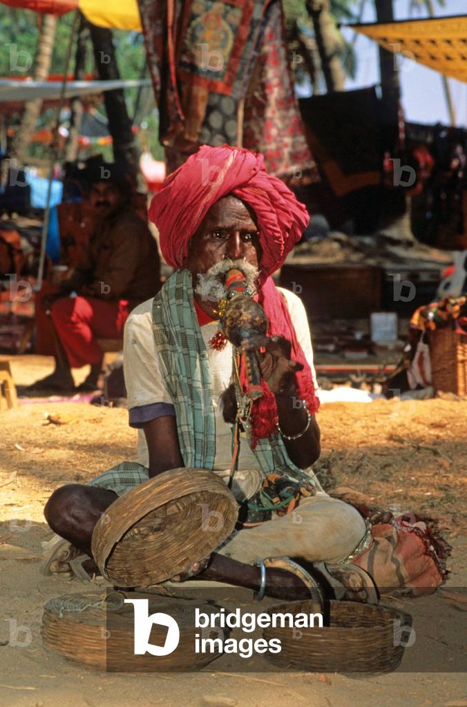 snake charmer on an hippie flea market in Goa (India)