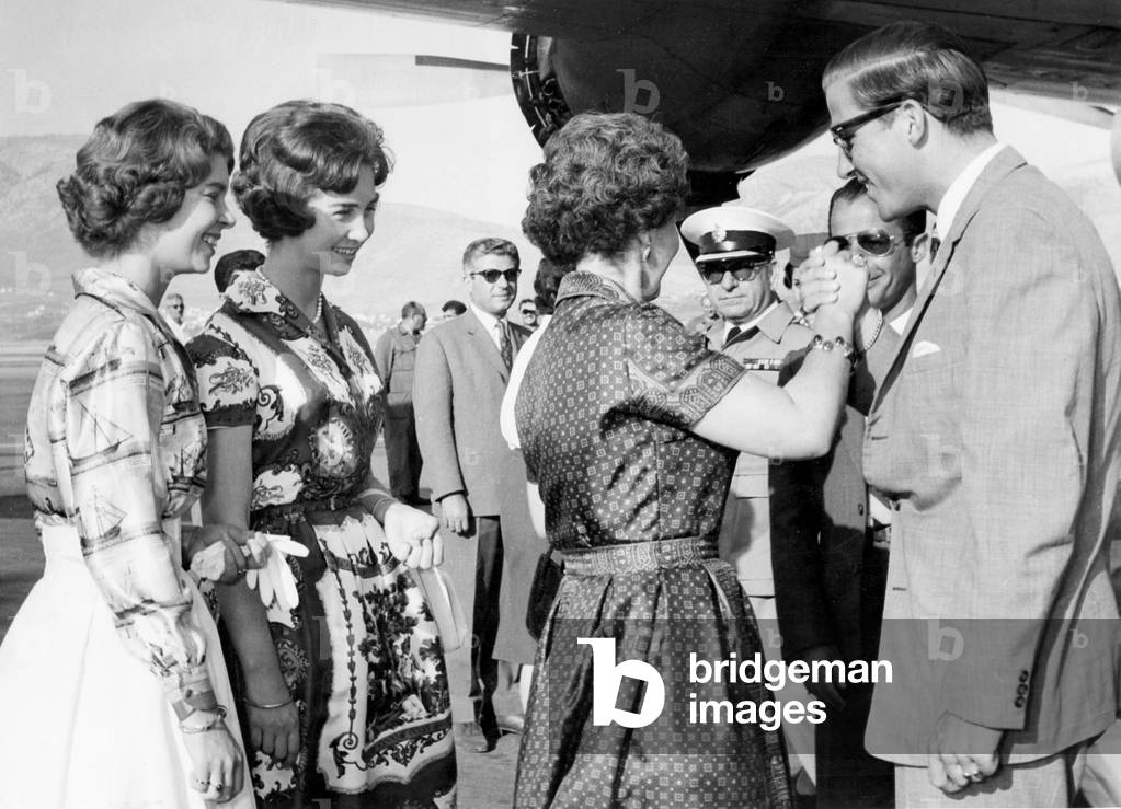 Princesses Irene and Sophie of Greece with their mother Queen Frederika and their brother prince Constantin of Greece July 1960 visiting Northern Greece