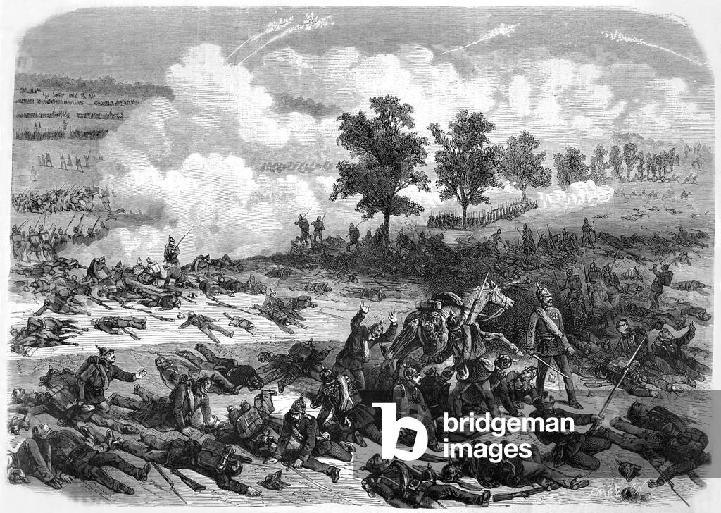Franco prussian war : Gravelotte battle (France) on August 18, 1870 : French defeat, engraving