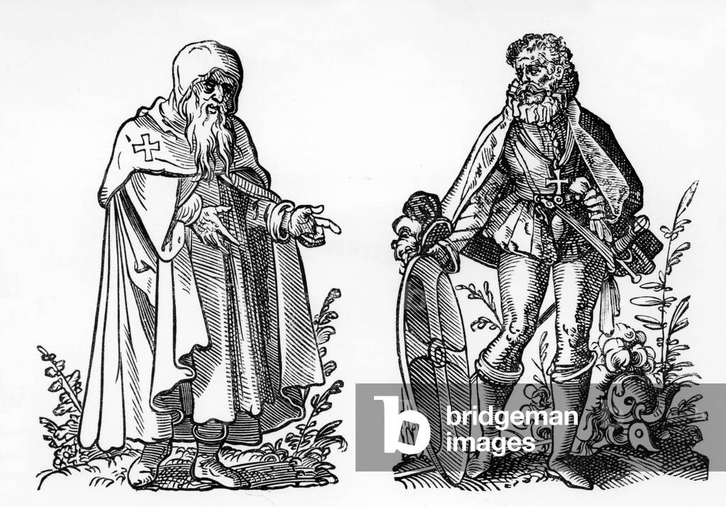 From left to right a knight of the order of Saint Sepulchre said from the order of Saint John of Jerusalem and a knight of the order of Rhodes Fac-simile of wood engravings by Jost Amman