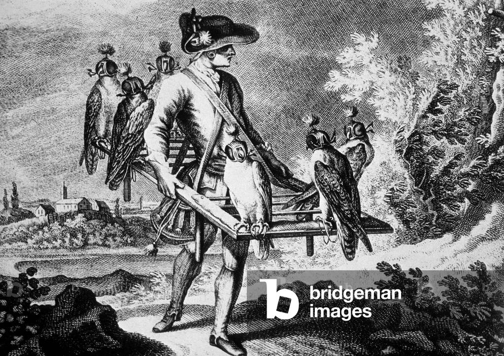 falconer going to the fields, engraving after Reidinger 18th century