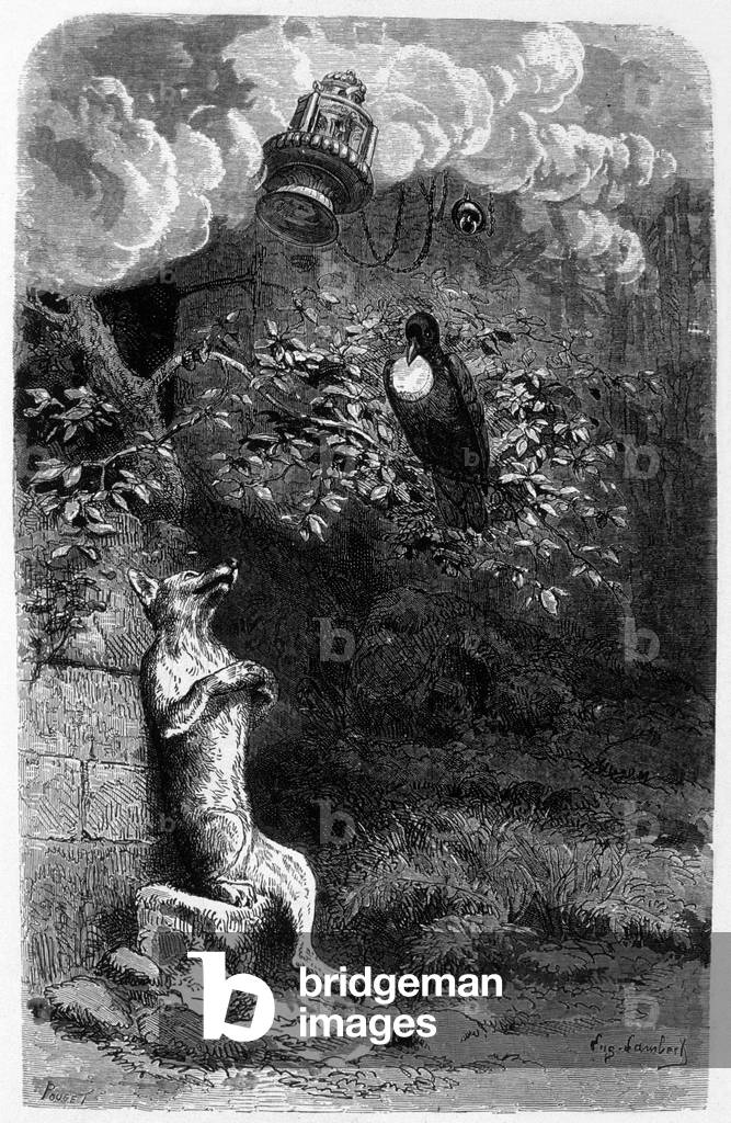 The fables of La Fontaine (by Jean de La Fontaine): the raven and the fox, drawing by Pouget grave by Eugene Lambert at the end of the 19th century