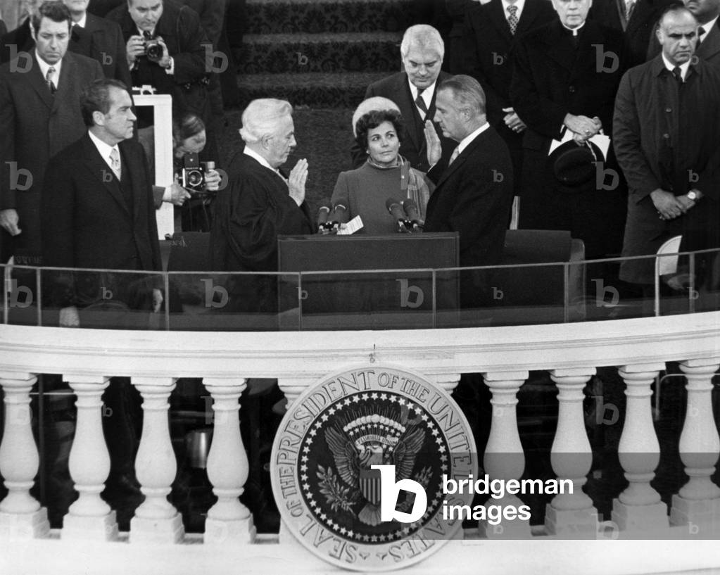 Opening ceremony at the Capitol in Washington : American President Richard Nixon and vice-President Spiro Agnew on January 26, 1973