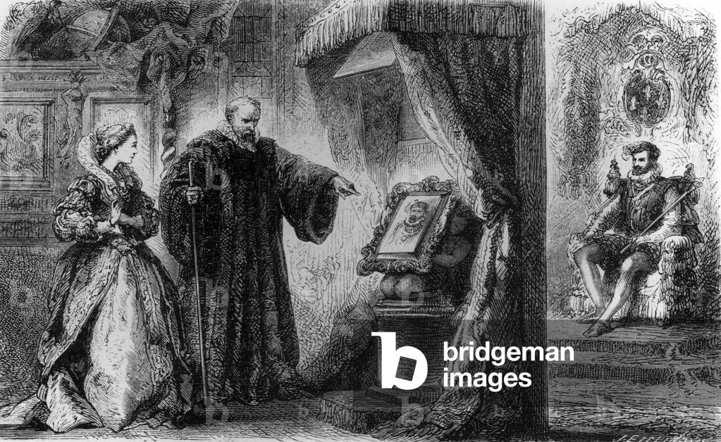 Astrologer Nostradamus and French Queen Catherine de Medicis (1519-1589) with magic mirror : he shows her that Henri de Navarre is going to reign (Henri IV), engraving