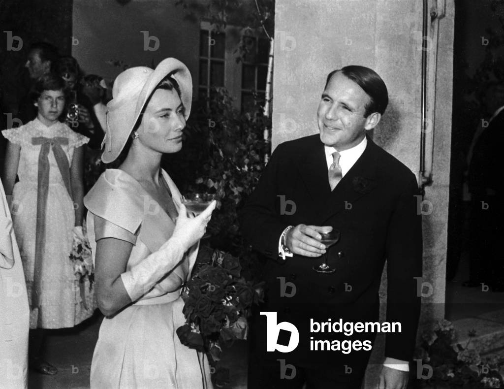Prince Sadruddin Aga Khan with his wife Nina Dyer August 28, 1957 on their Wedding day in Collanges (Switzerland)