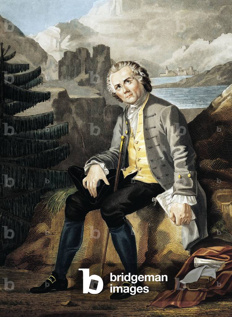 Jean Jacques Rousseau in Switzerland (colour engraving)