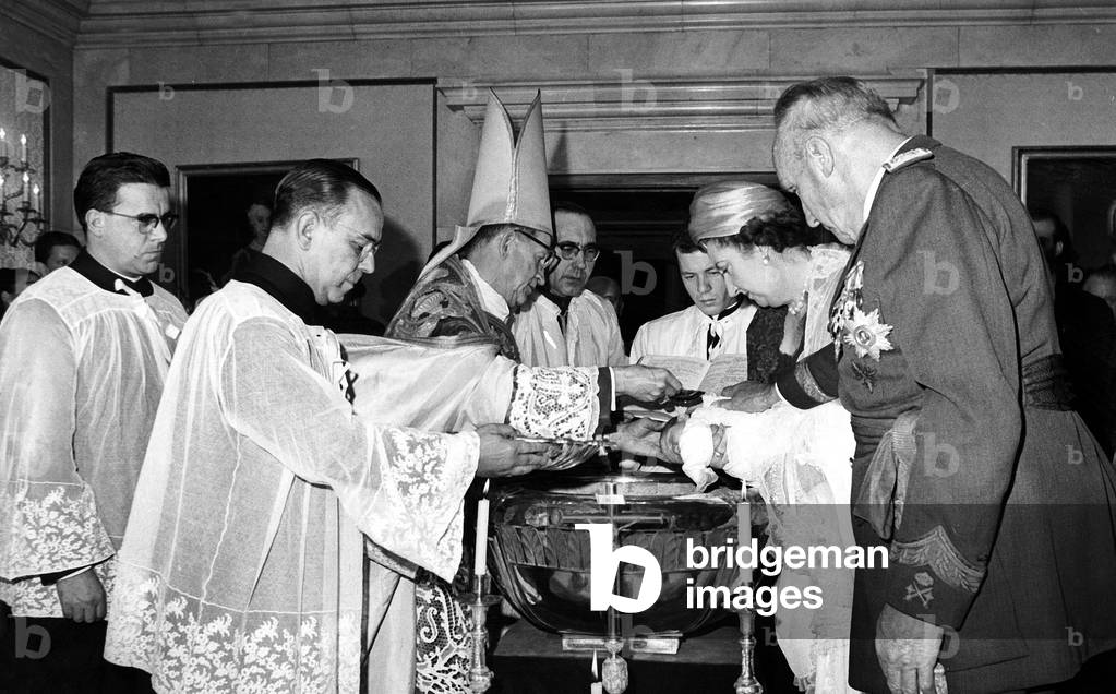baptism of Princess Elena of Spain in Madrid December 30, 1963, in presence of General Francisco Franco and his wife