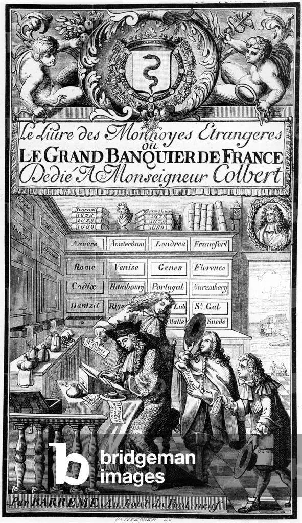 Frontispiece of book “Le Grand Banquier, ou le Livre des monnoyes etrangeres reduites en monnoyes de France” by Francois Barreme (1696)