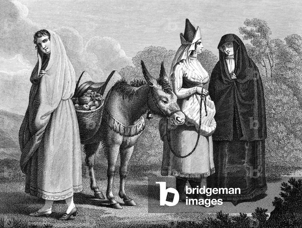 A peasant from Alentejo, fruiterer from Lisbon and a woman from Beira, Portugal, 1797, engraving