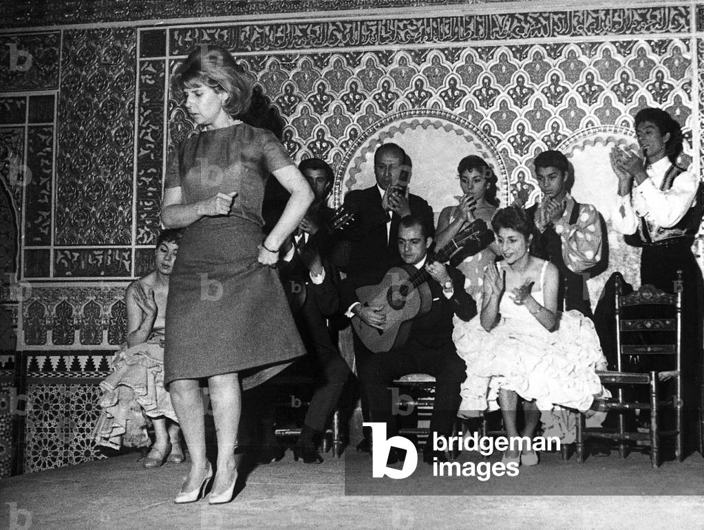 Maria del Rosari Cayetana FitzJames-Stuart, 18th Duchess of Alba de Tormes, dancing a Spanish dance in Torremocha on May 28, 1961