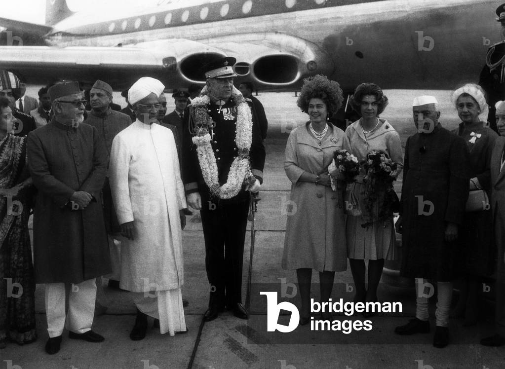King Paul 1st with his wife Queen Frederika of Greece and their daughter Irene during visit in India February 06, 1963. On r is indina Prime Minister Jawaharlal Nehru, on l (in white) Vengalil Krishnan Krishna Menon, Indian minister of defence