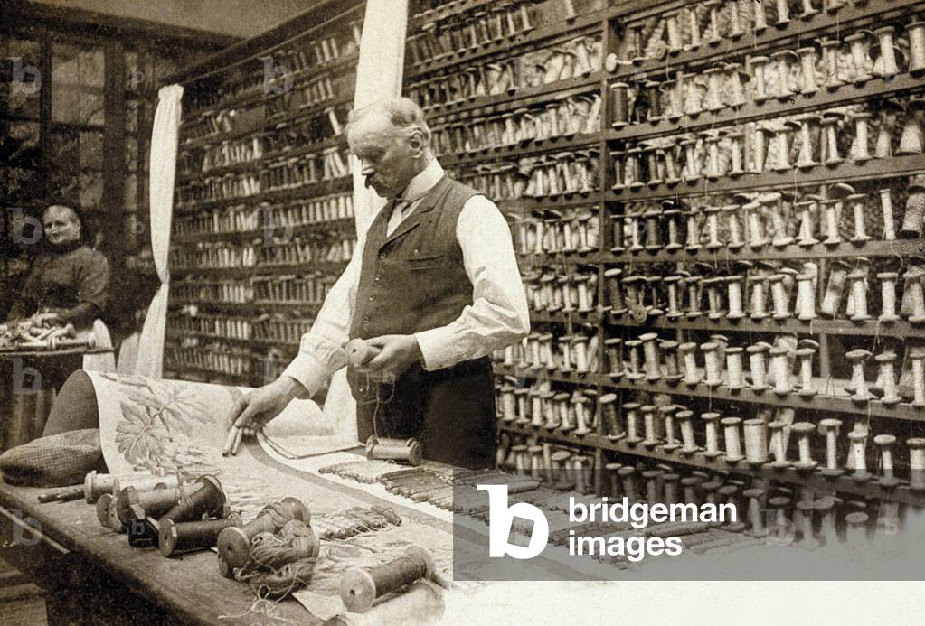 Thread Workshop, Aubusson Tapestry Factory, France, c. 1900 (b/w photo)