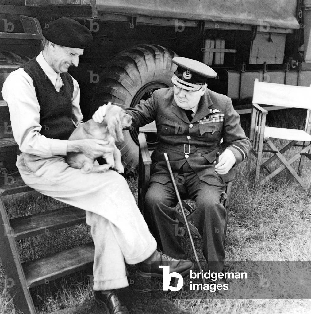 General Bernard Law Montgomery (with dog Rommel) and Winston Churchill, English Prime Minister, August 7, 1944 during landing in Creully, Normandy