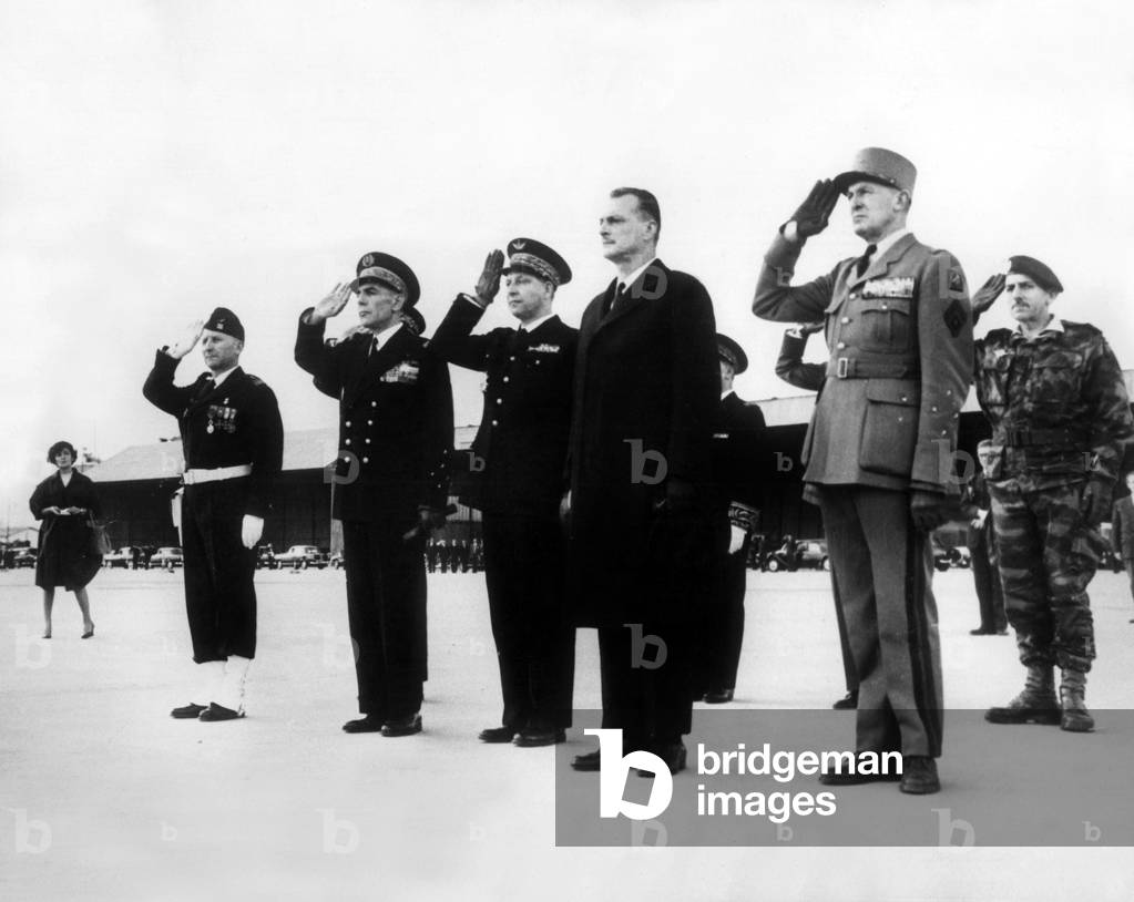 Delouvrier arriving in Algiers : French officers General Allard Delouvrier General Challe and General Massu December 19, 1958 during war in Algeria