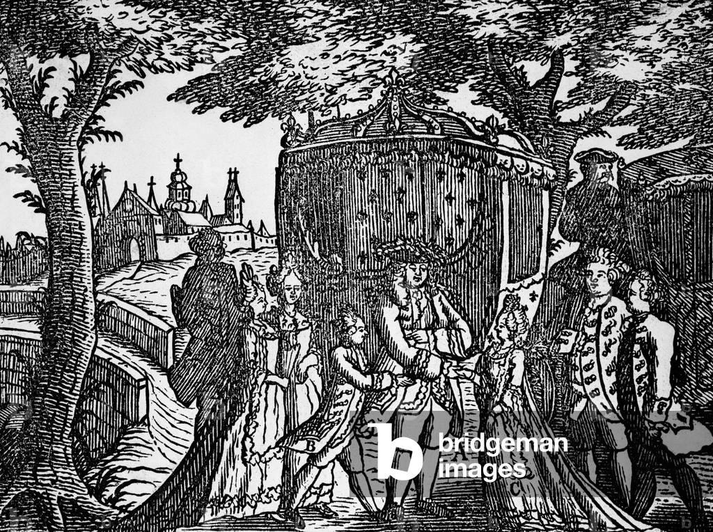 1st meeting between dauphin of France Louis (future Louis XVI) and archduchess Marie-Antoinette (future French queen) in Compiegne, France, May 14, 1770, engraving