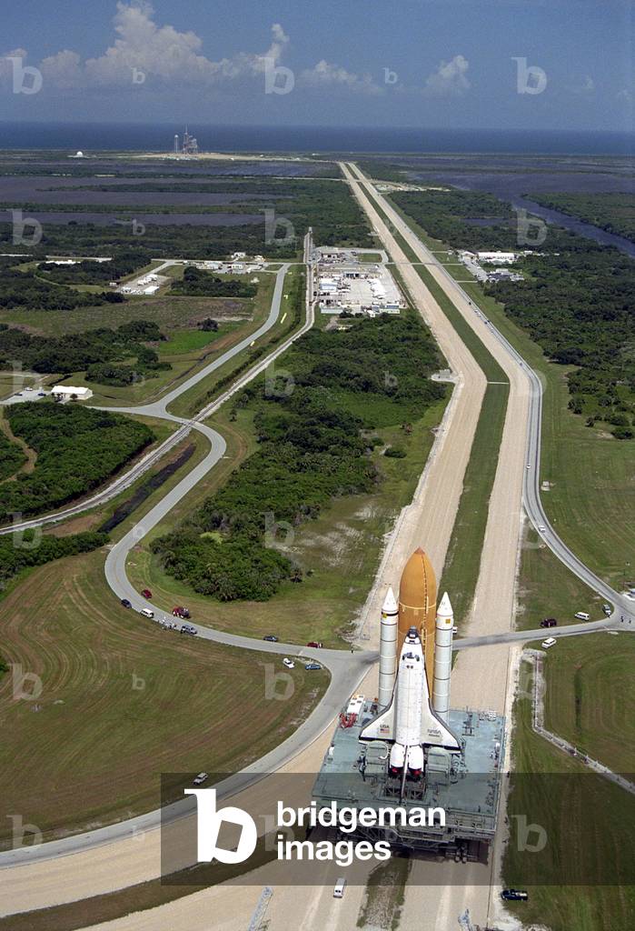 The American Space Shuttle Atlantis is sent to its launch area for STS-79 mission on 20 August 1996