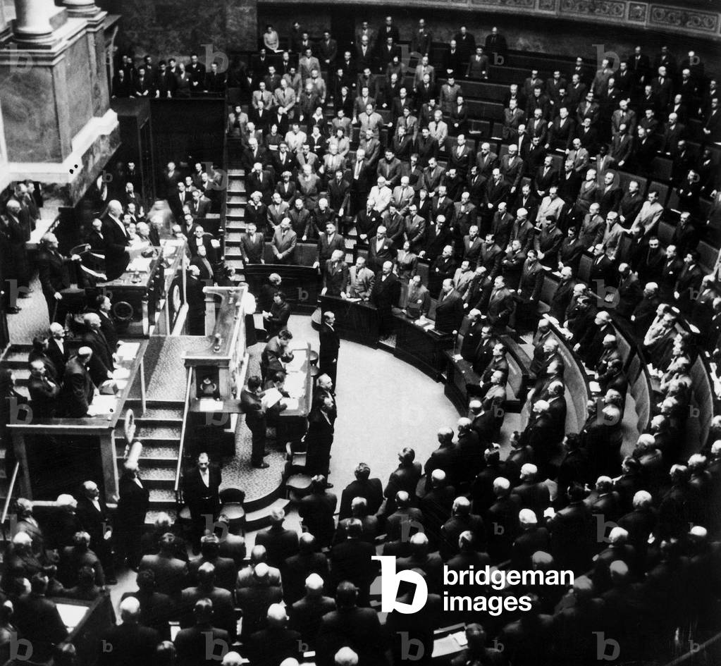 All the deputies stand up in National Assembly in homage of Mrs Germaine Coty (the French President's wife) after announce of her death November 12, 1955