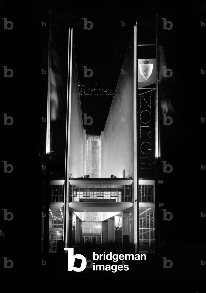 The Norwegian Pavilion by Night, Paris World Fair, 1937 (b/w photo)