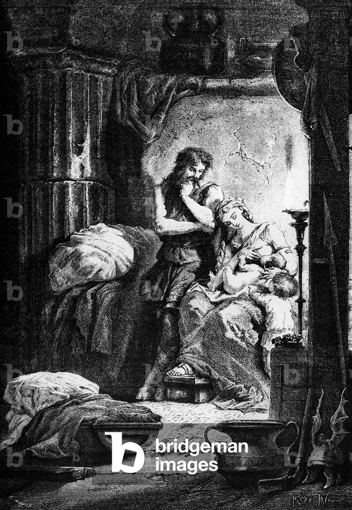 Julius Sabinus (?-78 AD) and his wife Eponine and their twins, leaving hidden in a cave, 19th century  (engraving)