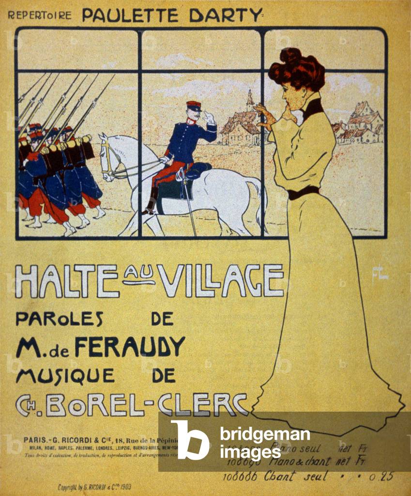 Sheet music cover Repertoire de Paulette Darty Halte au village Parole de M de Feraudy Music dee Charles Borel Clerc edition G Ricordi et Cie 1903