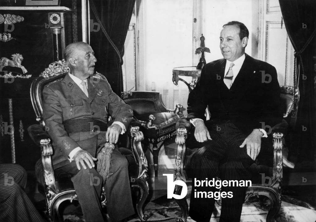 Michel Debre (r), French foreign minister during a meeting with the Spanish head of state General Francisco Franco (l) in The Palace of Pardo in Madrid, Spain, February 10, 1969